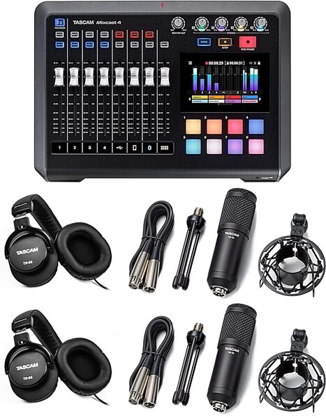 TASCAM Mixcast 4 Podcast Workstation, Bundle with (2) TM70&#039;s and (2) TH02B&#039;s, Action Position Back