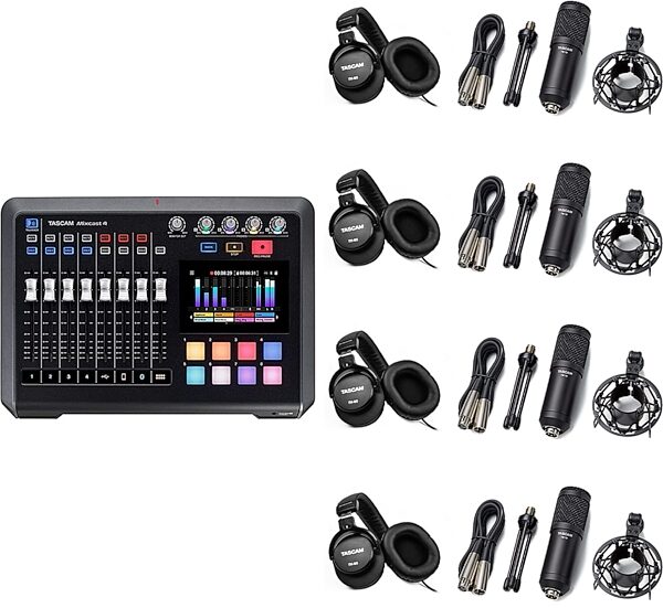 TASCAM Mixcast 4 Podcast Workstation, Bundle with 4x TM-70 mics and 4x TH-05 headphones, Action Position Back