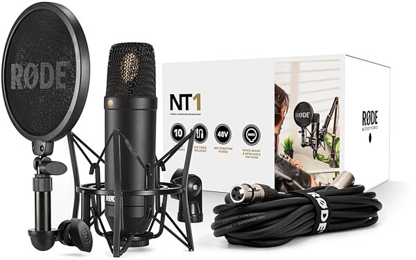 Rode NT1 Fixed-Cardioid Condenser Microphone, With SM6 Shock Mount and Windscreen, Package Contents