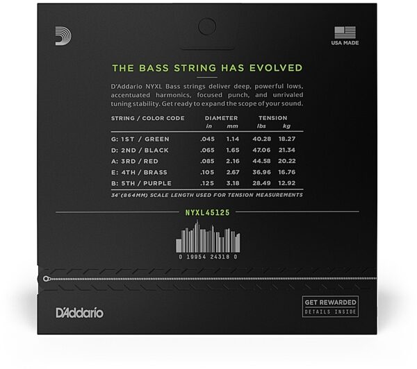 D'Addario NYXL Long Scale Nickel Wound Electric Bass Strings, 5-String, NYXL45125, view