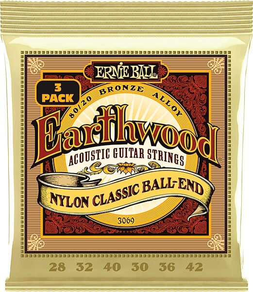 Ernie Ball Earthwood Nylon Ball End Classical Acoustic Guitar Strings (28-42 Gauge), 3-Pack, Action Position Front