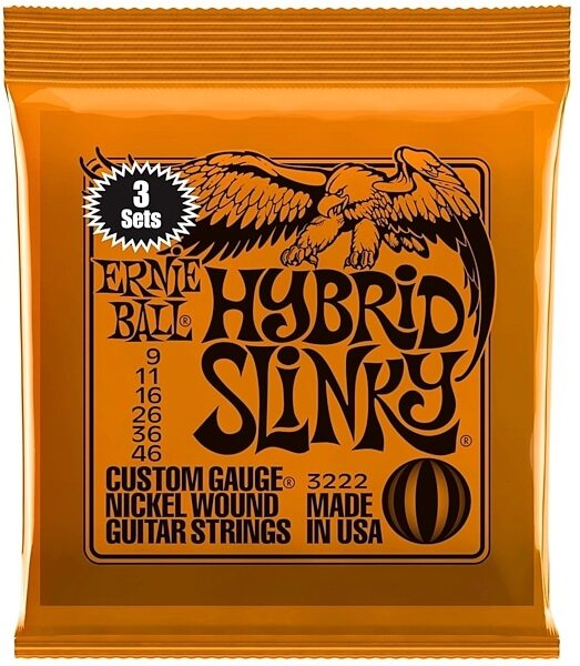Ernie Ball Hybrid Slinky Nickel Wound Electric Guitar Strings, 9-46, 3222, 3-Pack, Front