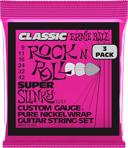 Ernie Ball Super Slinky Classic Rock n Roll Pure Nickel Wrap Electric Guitar Strings (9-42 Gauge), 3-Pack, Action Position Back