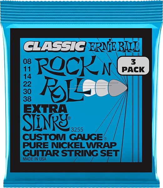 Ernie Ball P03255 Extra Slinky Classic Rock N Roll Pure Nickel Electric Guitar Strings, 3-Pack, Action Position Back