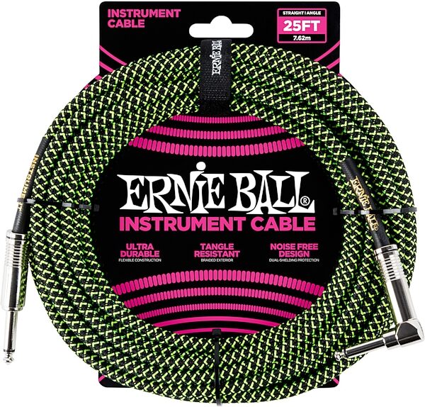 Ernie Ball Braided Guitar Cable, Black and Green, 25 foot, Action Position Back