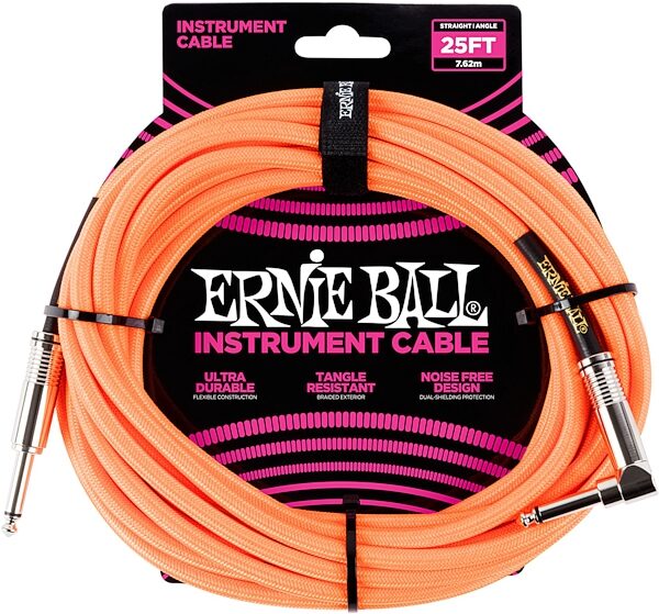Ernie Ball Braided Guitar Cable, Orange, 25 foot, Action Position Back