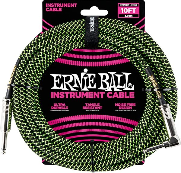 Ernie Ball Braided Straight/Angle Instrument Cable, Black and Green, 10', Action Position Back