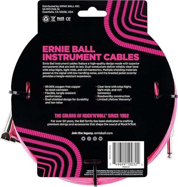 Ernie Ball Braided Straight/Angle Instrument Cable, Neon Pink, 10 foot, Action Position Back