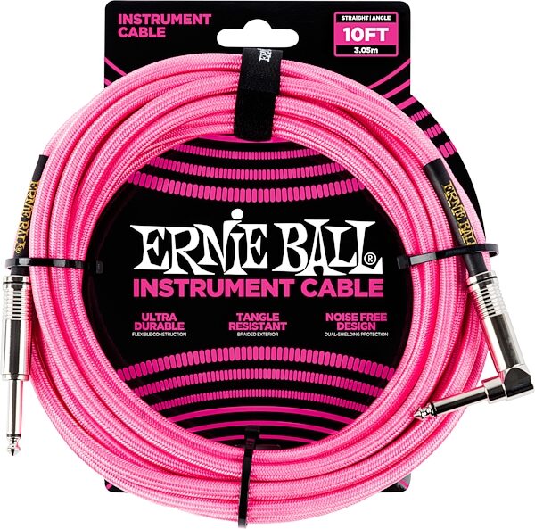 Ernie Ball Braided Straight/Angle Instrument Cable, Neon Pink, 10 foot, Action Position Back