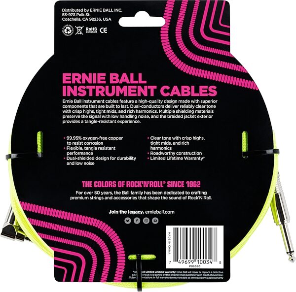Ernie Ball Braided Straight/Angle Instrument Cable, Neon Yellow, 10 foot, Action Position Back