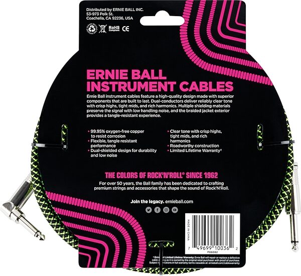 Ernie Ball Braided Straight/Angle Instrument Cable, Black and Green, 18 foot, Action Position Back