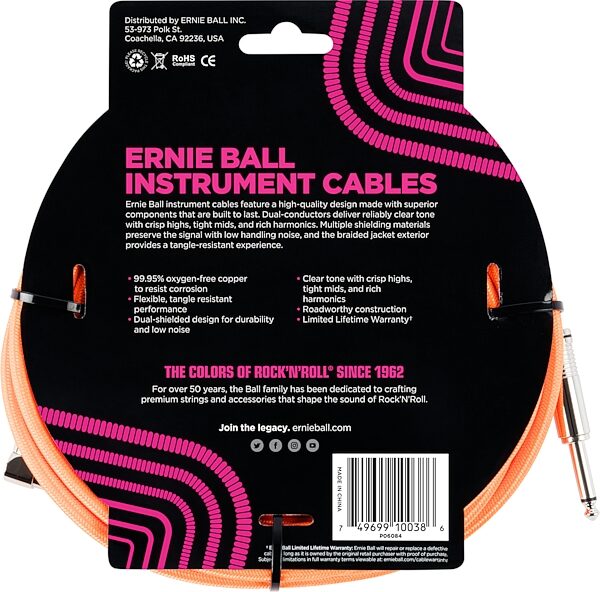 Ernie Ball Braided Straight/Angle Instrument Cable, Neon Orange, 18 foot, Action Position Back