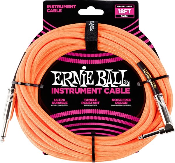 Ernie Ball Braided Straight/Angle Instrument Cable, Neon Orange, 18 foot, Action Position Back