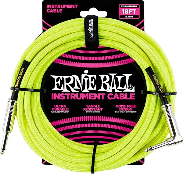 Ernie Ball Braided Straight/Angle Instrument Cable, Neon Yellow, 18 foot, Action Position Back