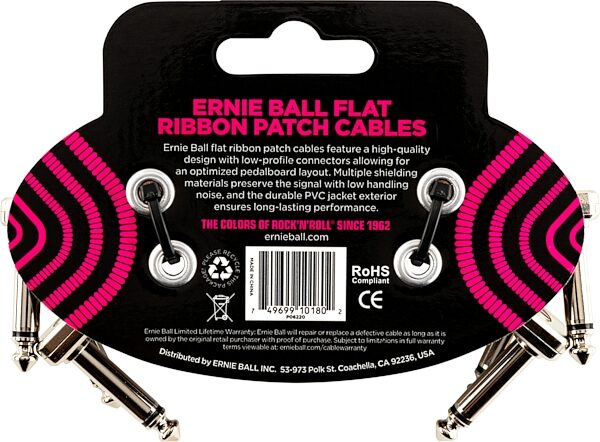 Ernie Ball Flat Ribbon Patch Cable, Black, 3 inch, 3-Pack, Action Position Back