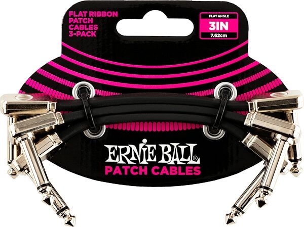 Ernie Ball Flat Ribbon Patch Cable, Black, 3 inch, 3-Pack, Action Position Back