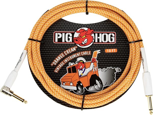 Pig Hog Vintage Series Instrument Cable, 1/4" Straight to 1/4" Right Angle, Orange Creme, 10 foot, Main