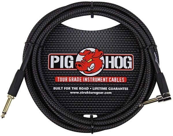 Pig Hog Vintage Series Instrument Cable, 1/4" Straight to 1/4" Right Angle, Black Woven, 10 foot, Woven