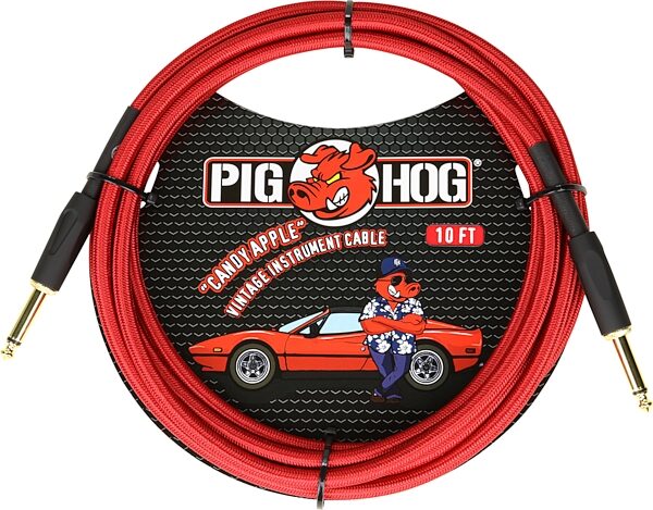Pig Hog Vintage Series Instrument Cable, 1/4" Straight to 1/4" Straight, Candy Apple Red, 10 foot, Main