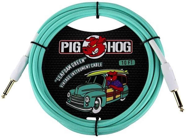 Pig Hog Vintage Series Instrument Cable, 1/4" Straight to 1/4" Straight, Seafoam Green, 10 foot, Main