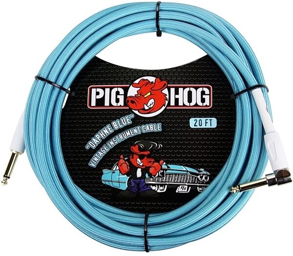 Pig Hog Vintage Series Instrument Cable, 1/4" Straight to 1/4" Right Angle, Daphne Blue, 20 foot, Daphne Blue