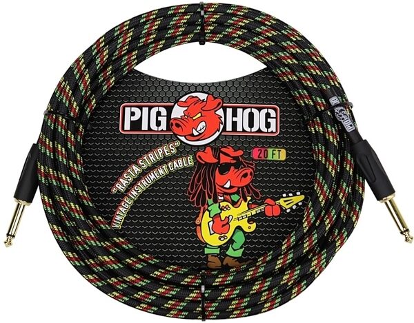 Pig Hog Vintage Series Instrument Cable, 1/4" Straight to 1/4" Straight, Rasta Stripes, 20 foot, Main