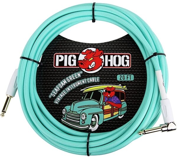 Pig Hog Vintage Series Instrument Cable, 1/4" Straight to 1/4" Right Angle, Sea Foam Green, 20 foot, Seafoam Green