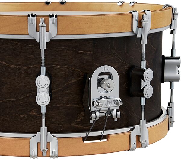Pacific Concept Classic Snare Drum, Walnut with Natural Wood Hoops, 6.5x14&quot;, Action Position Back