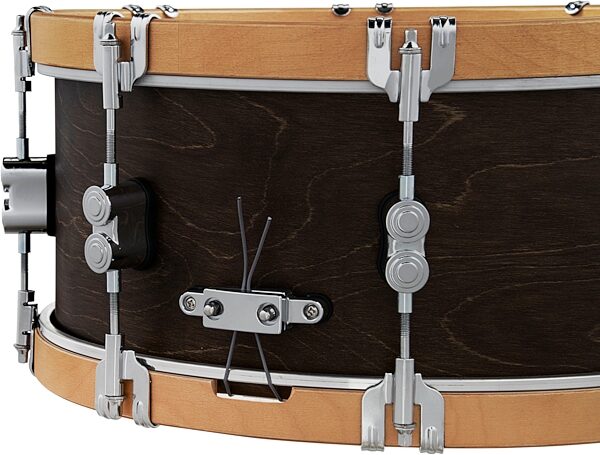 Pacific Concept Classic Snare Drum, Walnut with Natural Wood Hoops, 6.5x14&quot;, Action Position Back