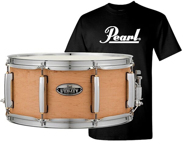 Pearl Modern Utility Maple Snare Drum, Matte Natural, 14x6.5 inch, with Pearl Drums T-Shirt (X-Large), pack