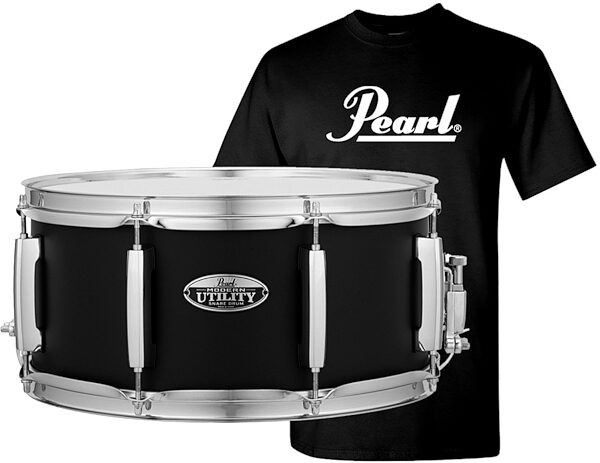Pearl Modern Utility Maple Snare Drum, Satin Black, 14x6.5 inch, with Pearl Drums T-Shirt (X-Large), pack