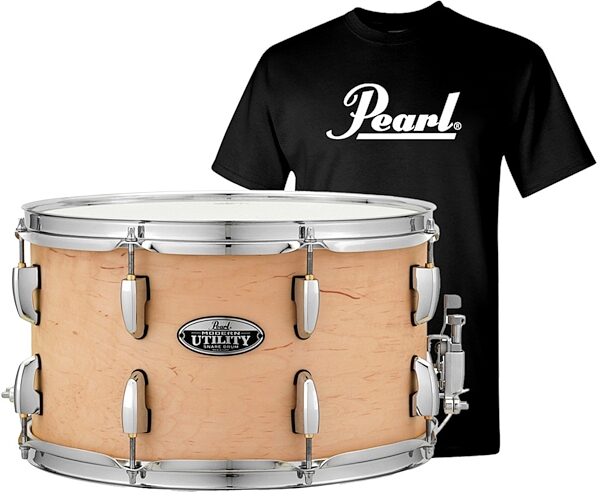 Pearl Modern Utility Maple Snare Drum, Matte Natural, 14x8 Inch, with Pearl Drums T-Shirt (X-Large), pack