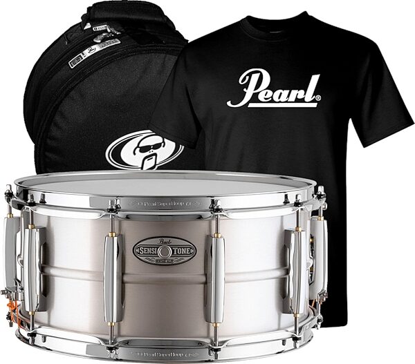 Pearl Sensitone Heritage Alloy Aluminum Snare, 6.5x14&quot;, with Bag and T-Shirt, pack