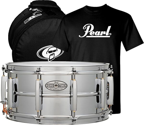 Pearl Sensitone Heritage Alloy Steel Snare, 6.5x14&quot;, with Bag and T-Shirt, pack