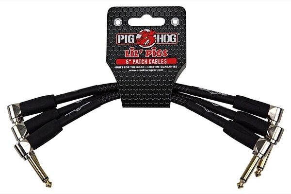 Pig Hog Lil Pigs Pedal Patch Cables, 3-Pack, Black Woven, 6 inch, 3-Pack, Main
