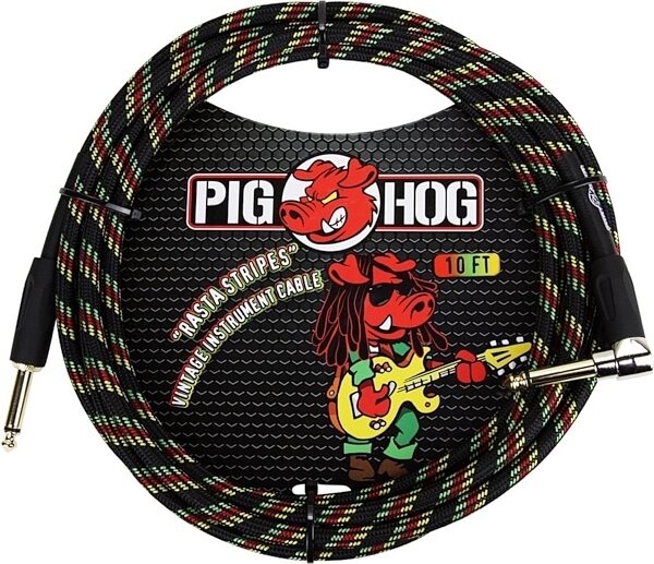 Pig Hog Vintage Series Instrument Cable, 1/4" Straight to 1/4" Right Angle, Rasta Stripe, 10 foot, Rasta Stripes
