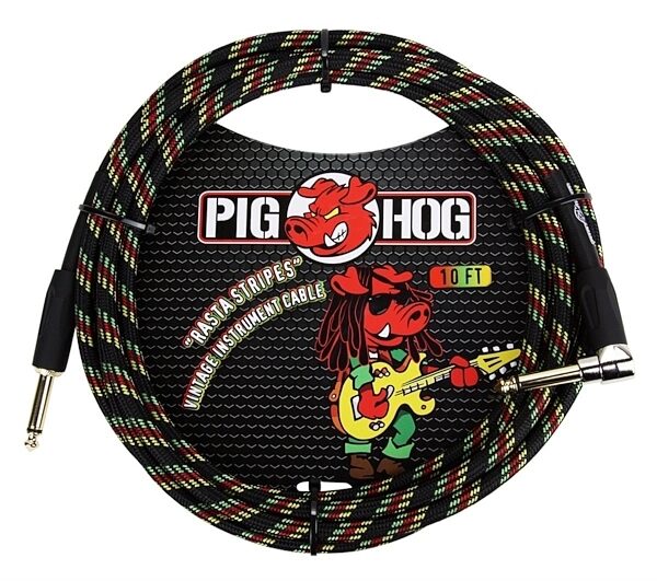 Pig Hog Vintage Series Instrument Cable, 1/4" Straight to 1/4" Right Angle, Rasta Stripe, 10 foot, Rasta Stripes