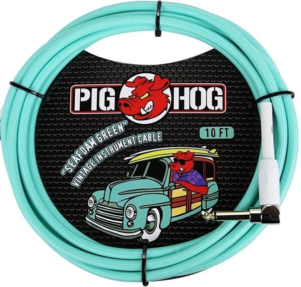 Pig Hog Vintage Series Instrument Cable, 1/4" Straight to 1/4" Right Angle, Sea Foam Green, 10 foot, Sea Foam Green