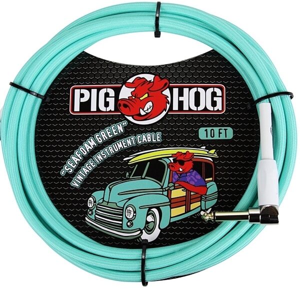 Pig Hog Vintage Series Instrument Cable, 1/4" Straight to 1/4" Right Angle, Sea Foam Green, 10 foot, Sea Foam Green