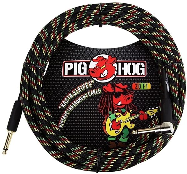 Pig Hog Vintage Series Instrument Cable, 1/4" Straight to 1/4" Right Angle, Rasta Stripe, 20 foot, Rasta Stripes