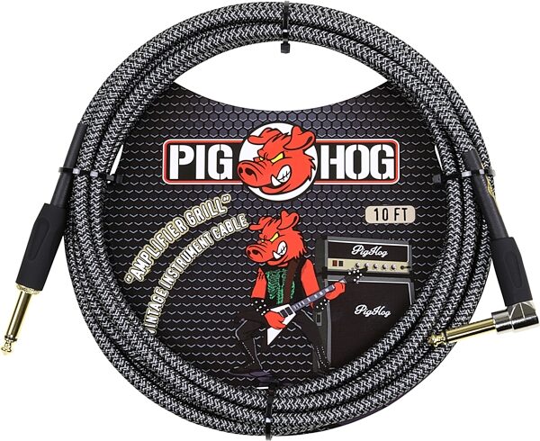 Pig Hog Vintage Series Instrument Cable, 1/4" Straight to 1/4" Right Angle, Amp Grill, 10 foot, Action Position Back