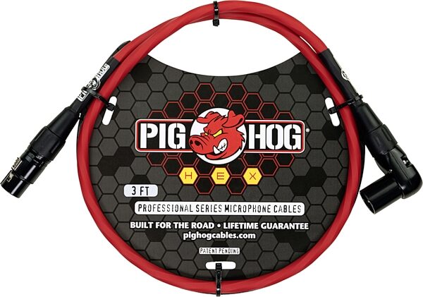 Pig Hog Hex Series Right-Angle XLR Microphone Cable, Candy Apple Red, 3 foot, Action Position Front