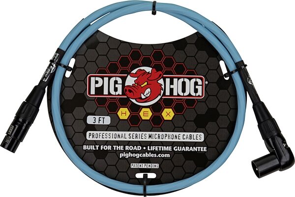 Pig Hog Hex Series Right-Angle XLR Microphone Cable, Daphne Blue, 3 foot, Action Position Front