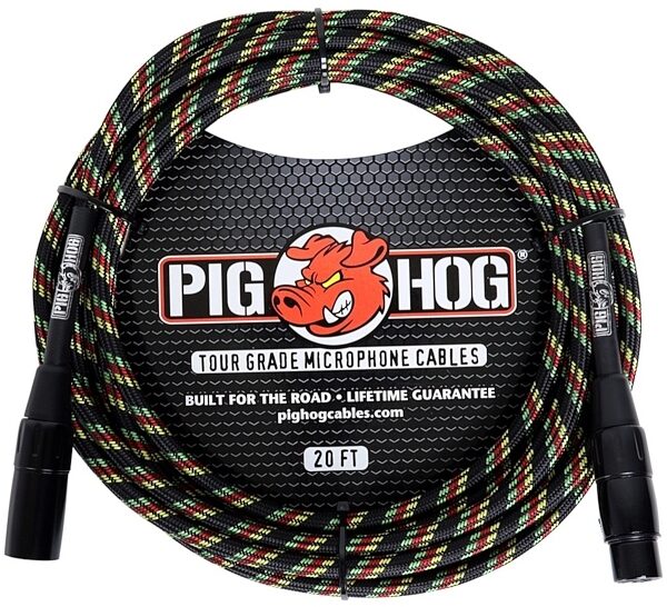 Pig Hog Woven XLR Microphone Cable, Rasta Stripes, 20 foot, Main