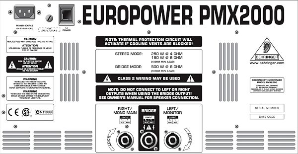 Behringer PMH2000 Europower 10-Channel Powered Mixer with FX (2x250 Watts), Rear