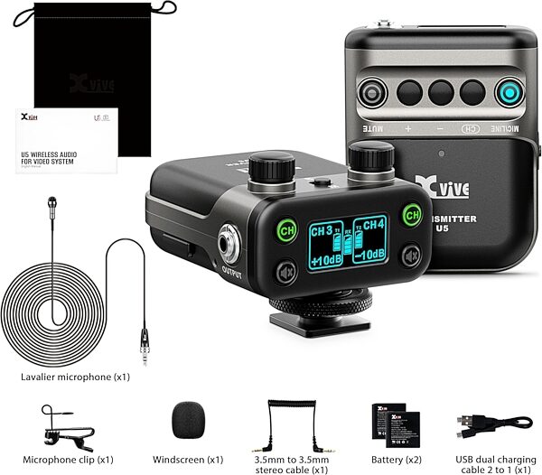 Xvive U5T2 Dual-Channel Digital Wireless Lavalier Camera Microphone System, Package Includes