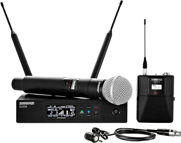 Shure QLXD124/85 Combo Wireless System with SM58 Handheld Transmitter and WL185 Lavalier Microphone, Main with all components Front