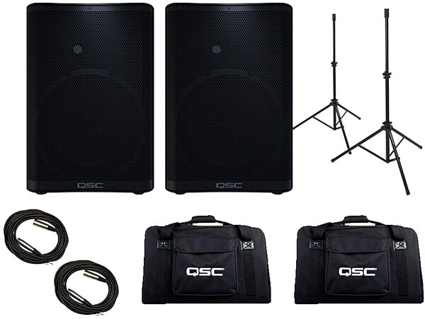 QSC CP12 Compact Powered Loudspeaker, Pair, Bundle with Cables, Stands, and Totes, qsc