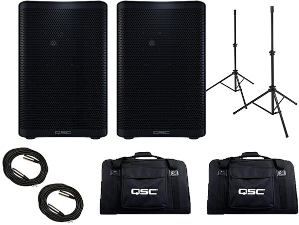 QSC CP8 Compact Powered Loudspeaker, Pair, Bundle with Bags, Stands, and Cables, qsc
