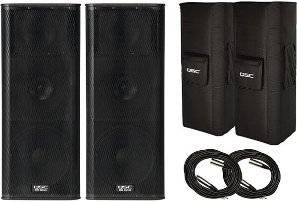 QSC KW153 3-Way Powered Loudspeaker (1000 Watts, 1x15"), Pair, Bundle with Covers and Cables, Package